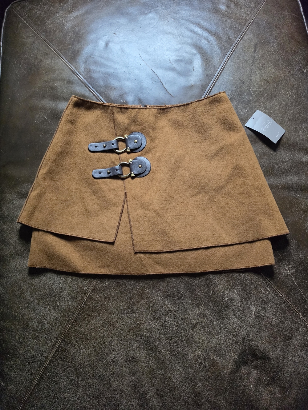 Anthropologie Camel Brown Layered Mini Skirt with Buckle Straps